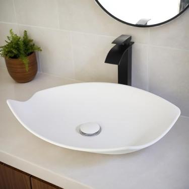 Imagem de MEKKHALA Pia de vaso retangular branca com ralo pop-up - tigela de resina de pedra irregular de 56 x 35 cm para banheiros modernos acima do balcão pias de banheiro