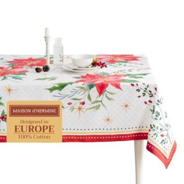 Imagem de Maison d' Hermine Toalha de mesa retangular 100% algodão 187 x 227 cm, reutilizável, decorativa, uso diário para sala de jantar, casa de fazenda, casa, festa, festa e casamento - Natal de poinsétia