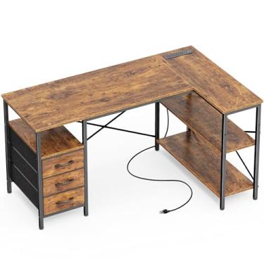 Imagem de Huuger Mesa em forma de L com tomadas, mesa de computador com 3 gavetas, mesa de escritório de 119 cm com prateleiras, mesa de jogos, mesa de canto para escritório em casa, escritório, marrom rústico