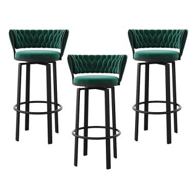 Imagem de Banqueta de balcão, banco de bar moderno de veludo, conjunto de 3, bancos de bar giratórios com encosto e apoio para os pés, bancos de veludo para restaurantes da ilha da cozinha