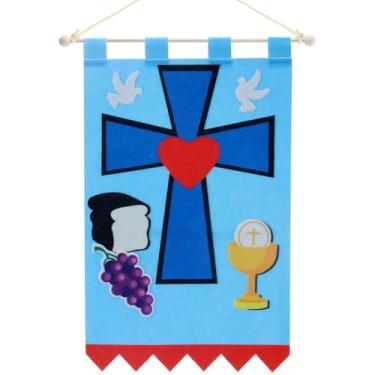 Imagem de SmoothNovelty Kit de faixa de Primeira Comunhão 23 x 30,5 cm Feltro Uvas Sagradas Artesanato 1ª Comunhão Kit de Banner para Igreja Escola Dominical Meninos Meninas DIY Católicos (Retro)