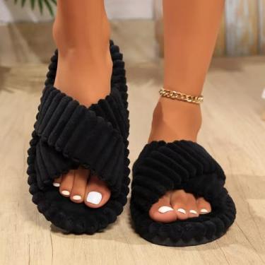 Imagem de Pantufas femininas macias de inverno com faixa cruzada aberta - Sapatos aconchegantes de pelúcia para ambientes internos e externos pretos, Preto, 6.5-7
