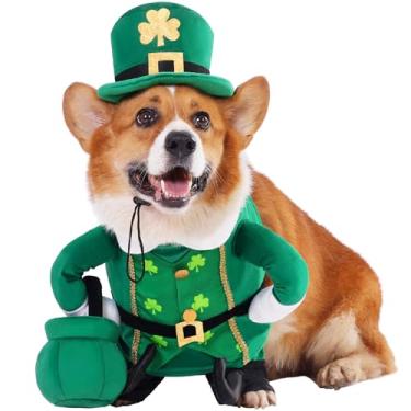 Imagem de Aotiooy Fantasia de cachorro duende, roupa de animal de estimação do dia de São Patrício com chapéu de duende ajustável e pote dourado divertido, roupas de férias irlandesas da sorte para cães