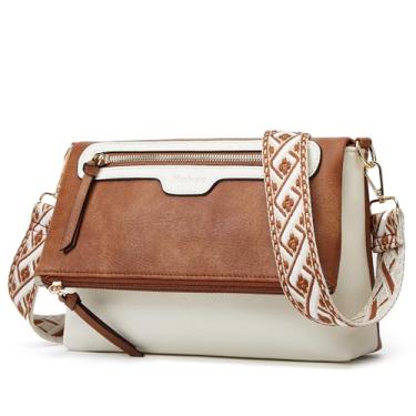 Imagem de Bolsas transversais para mulheres, bolsa transversal média de couro vegano para mulheres, bolsa carteiro transversal carteira embutida, Bege com marrom