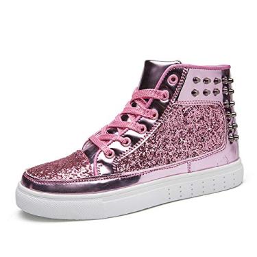 Imagem de IGxx Tênis masculino brilhante com glitter metálico spikes cano alto punk rebite brilhante, Spikes Pink, 41 BR