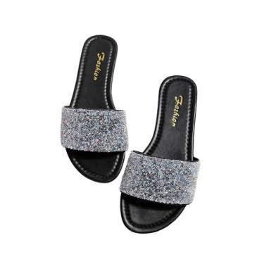 Imagem de BEAUDRM Pantufas femininas com glitter com pérolas brilhantes com contas e bico aberto, Preto e branco, 40