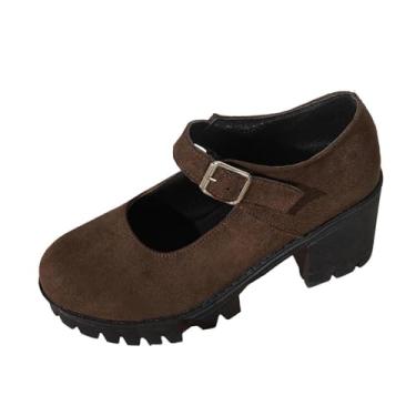Imagem de Mocassins femininos modernos, casuais, sólidos, bico redondo, salto médio, camurça flocada, Café, 35