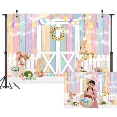 Imagem de Leowefowa 3 x 2,4 m Pano de fundo de vinil de páscoa rústico colorido para porta de celeiro de madeira para decoração de festa de Páscoa, coelho, ovos, adereços de estúdio