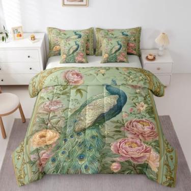 Imagem de Erosebridal Conjunto de edredom de 7 peças, vintage, boêmio, floral, pavão, jardim, peônia, para crianças, meninos, meninas, vida selvagem, menta, turquesa e edredom
