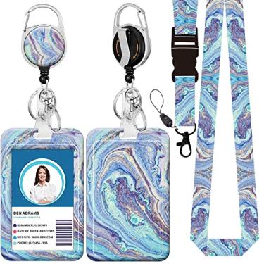 Imagem de Cordão de crachá, suporte retrátil para crachá com mosquetão e clipe de cinto, cordão com fecho lagosta para porta-crachás, presente de escritório para enfermeiras e professores (BLC-Charming Blue