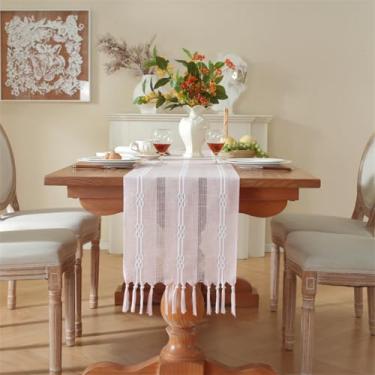 Imagem de Caminho de mesa rústico com borlas, caminhos de mesa boho trançados listrados, mesa de linho de algodão para jantar, festas de fim de ano e casamento (rosa - duplo, 33 x 272 cm)