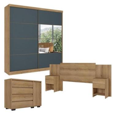 Imagem de Guarda Roupa Casal Malaga Glass 2 Portas Capuccino Azul com Cômoda com