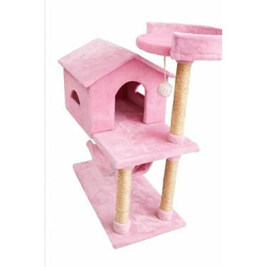 Imagem de Casinha para Gatos com Arranhador de Sisal, Cama e Rede Suspensa – Torre Compacta em MDF 75cm para Gatos Pequenos e Médios(Rosa)