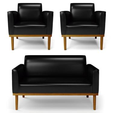 Imagem de Sofá Namoradeira E 2 Poltronas Base Madeira Castanho Maressa Sintético Pu Preto - Ibiza