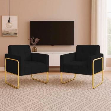 Imagem de Poltrona Sala Industrial Alta Tubo Dourado Kit 2 Elisa Suede D03 - D'rossi Cor Preto