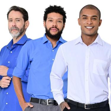Imagem de Kit 3 Camisas Social Masculina Lisa Manga Longa Camisaria Colombo, Azu