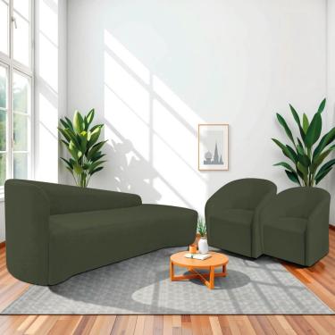 Imagem de Kit Sofá Curvo França 200cm Ld. E 2 Poltronas Luiza Max Conforto, Elegância E Design Moderno Linho Verde
