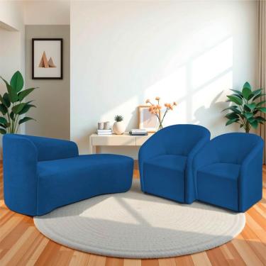 Imagem de Kit Sofá Curvo França 160cm Ld. E 2 Poltronas Luiza Max Conforto, Elegância E Design Moderno Linho Azul Royal
