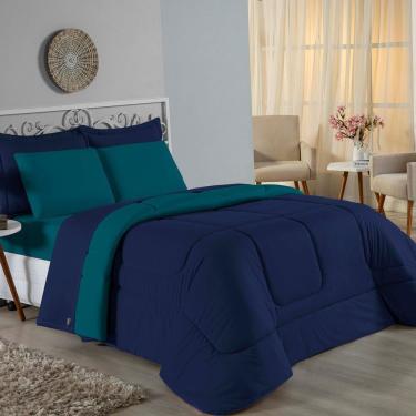 Imagem de Kit Edredom Dupla Face + Jogo De Lençol Casal Viúva Nobre 7 Peças Malha 100% Algodão - Azul-marinho / Petróleo