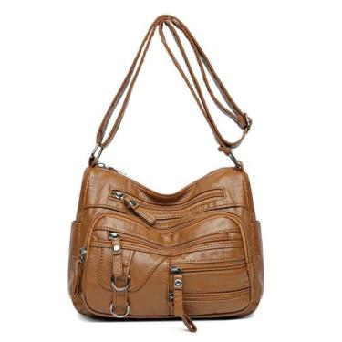 Imagem de Bolsa tiracolo feminina de couro poliuretano lavado macio com vários z