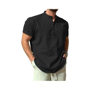 Imagem de Camiseta Masculina Leve De Algodão E Linho Com Gola Henley, Casual De 