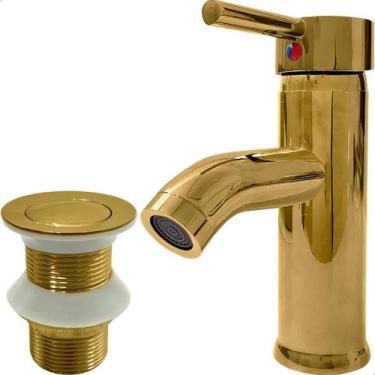 Imagem de Kit Banheiro Torneira Dourada Monocomando Agua Quente Fria Bica Baixa 