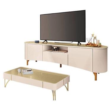 Imagem de Rack Bancada Elara Com Mesa De Centro Cadenza Off White Champanhe - Hb Móveis