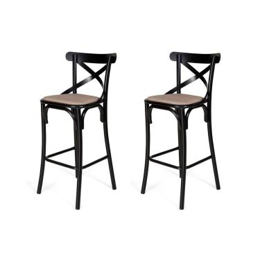 Imagem de Conjunto 2 Banquetas Katrina com Encosto em Aço Preto Assento Corano para Bancada de Co...