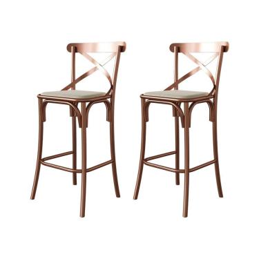 Imagem de Kit 2 Banquetas Katrina com Encosto em Aço Cobre Assento em Corano para Bancada de Cozi...