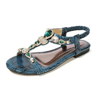 Imagem de Sandálias femininas de verão sem salto vintage boho strass sandália de cobra com contas, Verde, 7.5