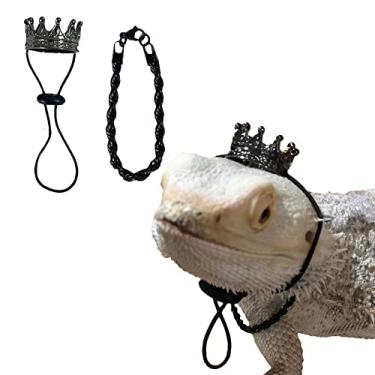 Imagem de SEIS 2 peças, coroa de dragão e colar de lagarto de metal, roupa de Halloween para animais pequenos para anfíbios camaleão lagartixa anólios Iguana (preto)