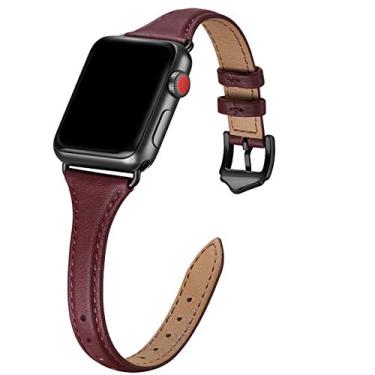 Imagem de WFEAGL Pulseiras de Couro Compatíveis com Apple Watch 38mm 40mm 41mm, Pulseira Fina de Couro de Grão Superior para iWatch Série 8/7/SE/6/5/4/3/2/1 - Vinho/Adaptador Preto