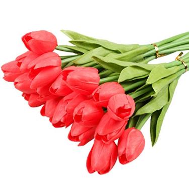 Imagem de Vlovelife 20 cabeças de flores artificiais tulipa vermelha toque real tulipas PU flores falsas buquês de casamento arranjo de flores buquê de casa quarto central de mesa festa decoração de casamento