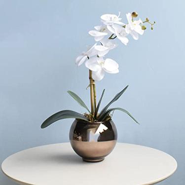 Imagem de Arranjo de Orquídea Artificial Branca no Vaso Bronze Pequeno | Linha Permanente Formosinha