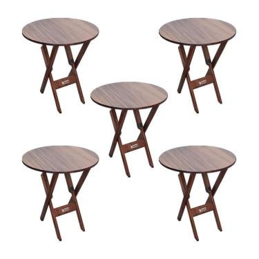 Imagem de Kit 5 Mesas Dobráveis De Madeira Redonda 70cm Imbuia - Cor: Marrom