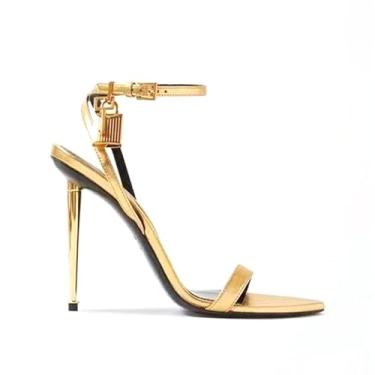 Imagem de Wwhe0514rlq Sandálias femininas modernas de verão com tira de bico fino, salto alto, bico aberto, tamanho grande, com fecho de metal, Dourado, US6.5 EU38