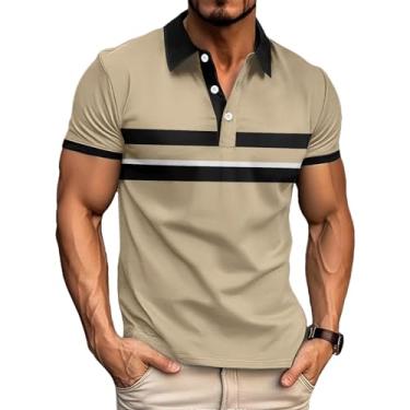 Imagem de Camiseta masculina de verão manga curta lapela estampada listras pretas casual esportiva masculina, Caqui, G