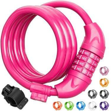 Imagem de Titanker Cadeado de bicicleta, combinação reiniciável de segurança de 1,2 m, travas de cabo de bobinamento para bicicleta com suporte de montagem, diâmetro de 1,27 cm (rosa)