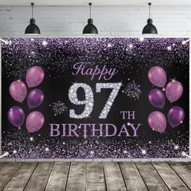 Imagem de JOYKY Banner de feliz aniversário de 97 anos, roxo Happy 97th Birthday Party Decorações para mulheres, artigos de aniversário de 97 anos, decoração de pano de fundo, 15 x 9 pés