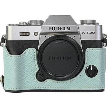 Imagem de Capa X-T30, capa BMAOLLONGB feita à mão em couro de fibra de carbono PU para meia câmera, versão com abertura inferior para Fujifilm X-T30 XT30 com alça de mão (azul)