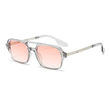 Imagem de Azoxus Óculos de sol aviador quadrado retrô feminino masculino armação pequena moda plástico, Armação cinza transparente/lentes rosa gradiente, Small