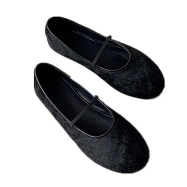 Imagem de 2025 verão crina de cavalo couro genuíno Mary Jane sapatos de balé retrô francês avó sapatos rasos sapatos femininos mocassins, Preto, 40