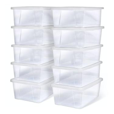 Imagem de HOMZ Pacote com 10 caixas organizadoras de armazenamento de plástico transparente pequenas com tampas, 6 quartos, branco - caixas empilháveis para quarto, banheiro, garagem e escritório