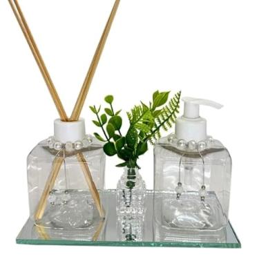 Imagem de Kit Lavabo Plástico LUXO Cubo TRANSPARENTE Saboneteira e Difusor com Bandeja