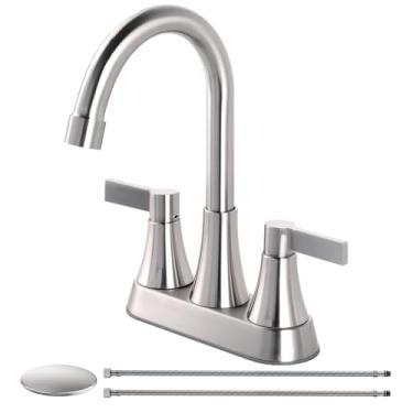 Imagem de VAPSINT Torneiras de banheiro de níquel escovado para pia 3 furos, 10 cm com ralo pop-up e 2 mangueiras de suprimento, torneira central de aço inoxidável com bico giratório 360 de 2 alças para Vanity