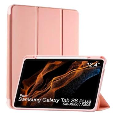 Imagem de Capa Tablet flip para Samsung Galaxy Tab S8+ PLUS SM-X800 SM-X806 Smart pen 12.4 polegadas resistente aveludada compatimento caneta Case capinha Anti Impacto Suporte Pencil - Alamo (rose)