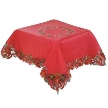 Imagem de Toalha De Mesa Natalina Quadrada 114x114cm Vermelha Bordada e Recortad