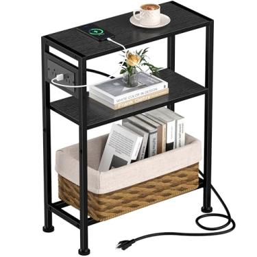 Imagem de Mesa lateral pequena e estreita com estação de carregamento, mesa de canto fina para espaços pequenos, mesa de cabeceira fina com tomadas, mesa de cabeceira de sofá na sala de estar, quarto