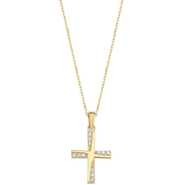 Imagem de MIONZA Colar de cruz banhado a ouro 14K para mulheres, pingente simples de crucifixo cristão dupla face, joia de fé de ouro real presente para batismo, confirmação ou uso diário