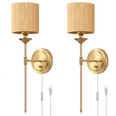 Imagem de femusytt Conjunto de 2 arandelas de parede com plugue de vime, luminária de parede regulável de cabeceira dourada com interruptor regulador de intensidade de luz e cabo elétrico de 1,8 m, luminária de
